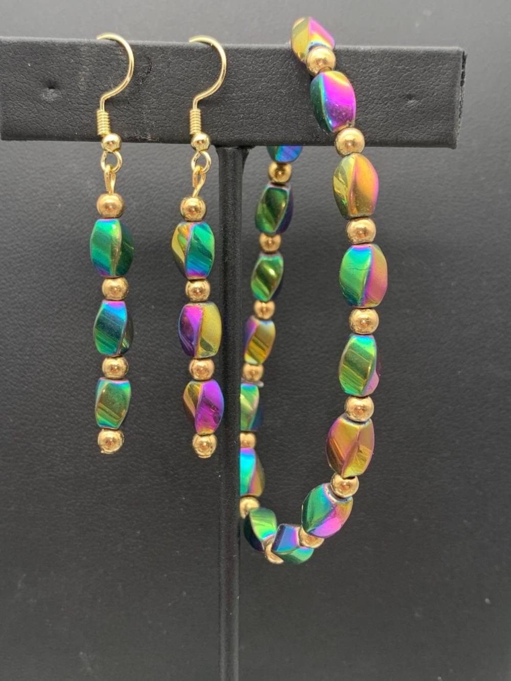Oil slick Iridescent Multicolor Bead Earrings and stretch Bracelet Set